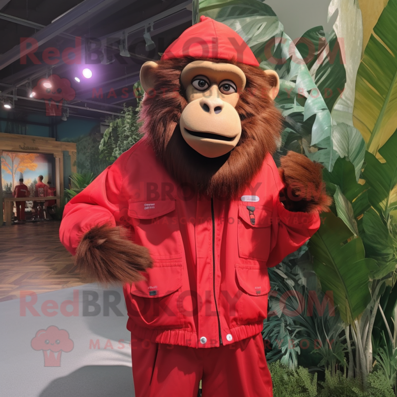 Red Baboon mascot costume character dressed with a Windbreaker and Suspenders