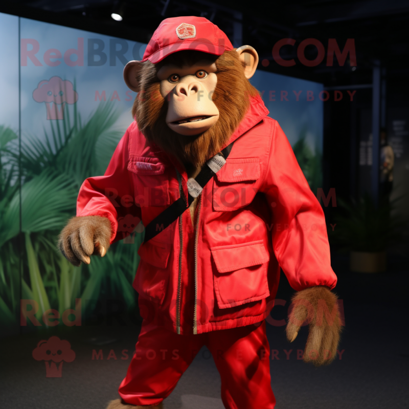 Red Baboon mascot costume character dressed with a Windbreaker and Suspenders Red Baboon mascot costume character dressed with a Windbreaker and Suspenders