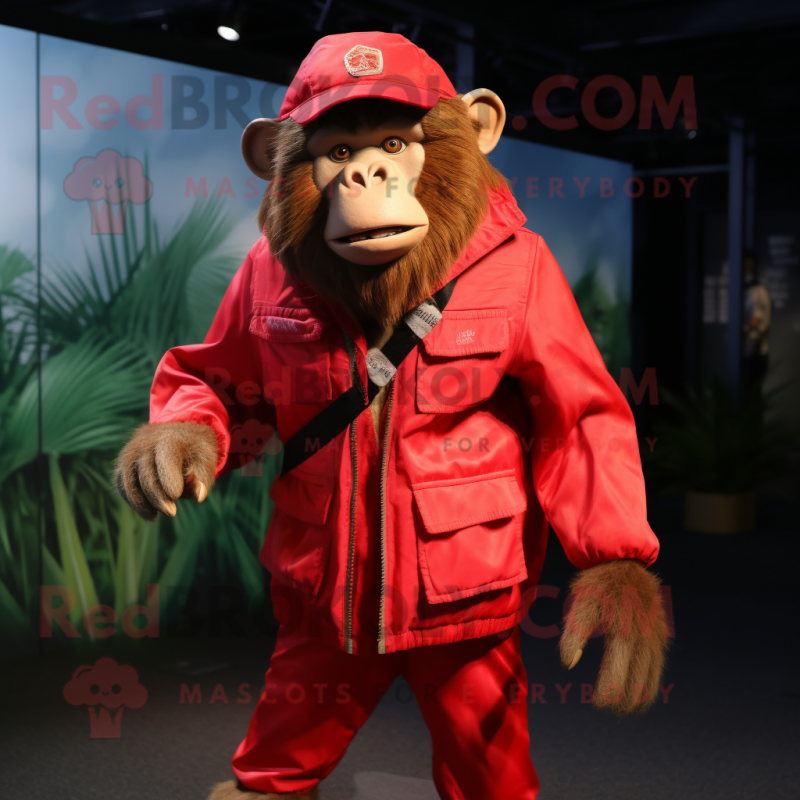 Red Baboon mascot costume character dressed with a Windbreaker and Suspenders