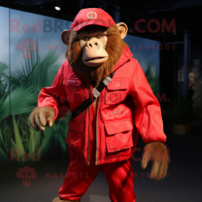 Red Baboon mascot costume character dressed with a Windbreaker and Suspenders