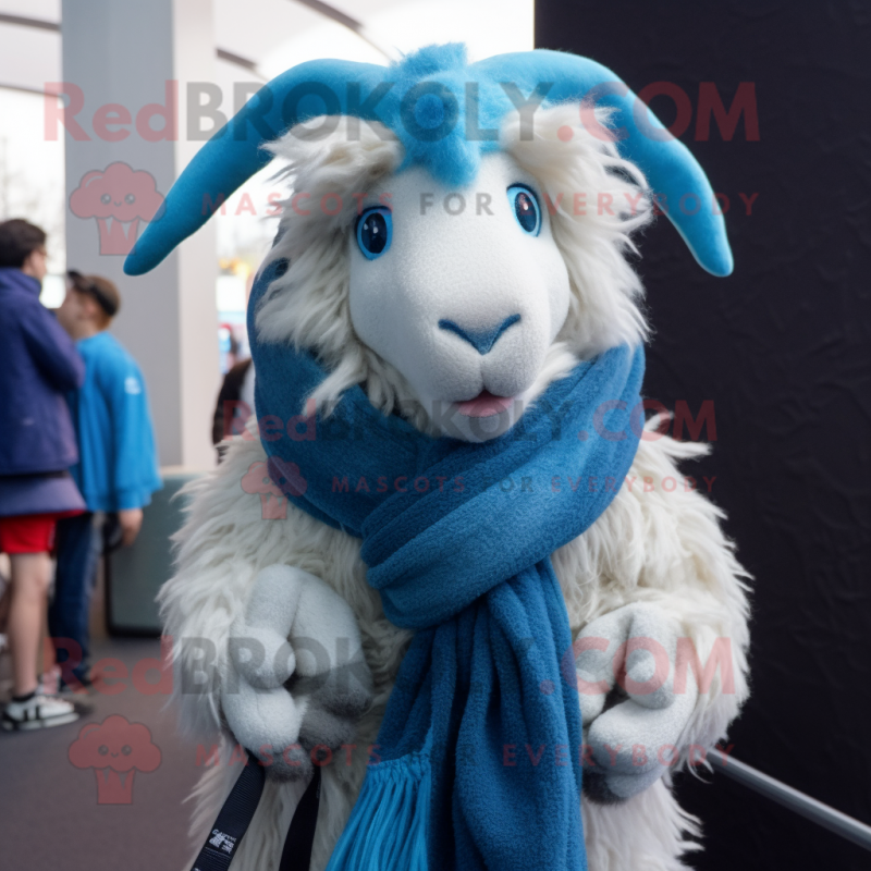 Blue Angora Goat mascot costume character dressed with a Hoodie and Scarf clips