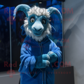 Blue Angora Goat mascot costume character dressed with a Hoodie and Scarf clips