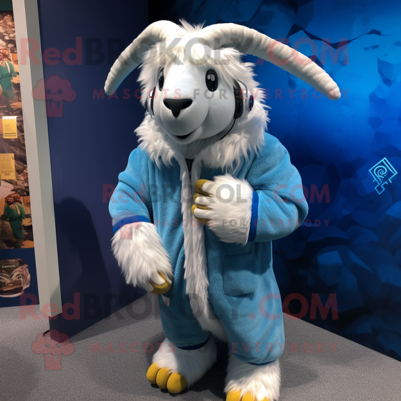 Blue Angora Goat mascot costume character dressed with a Hoodie and Scarf clips Blue Angora Goat mascot costume character dressed with a Hoodie and Scarf clips