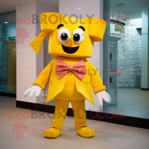 Yellow Goulash mascot costume character dressed with a Shorts and Bow ties