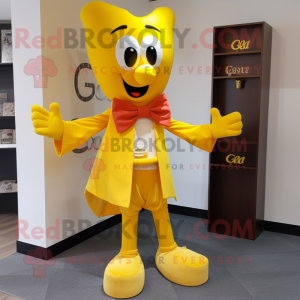 Yellow Goulash mascot costume character dressed with a Shorts and Bow ties