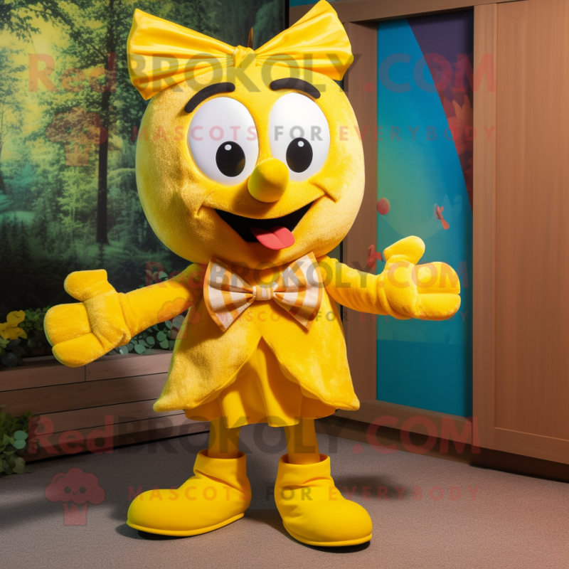 Yellow Goulash mascot costume character dressed with a Shorts and Bow ties Yellow Goulash mascot costume character dressed with a Shorts and Bow ties