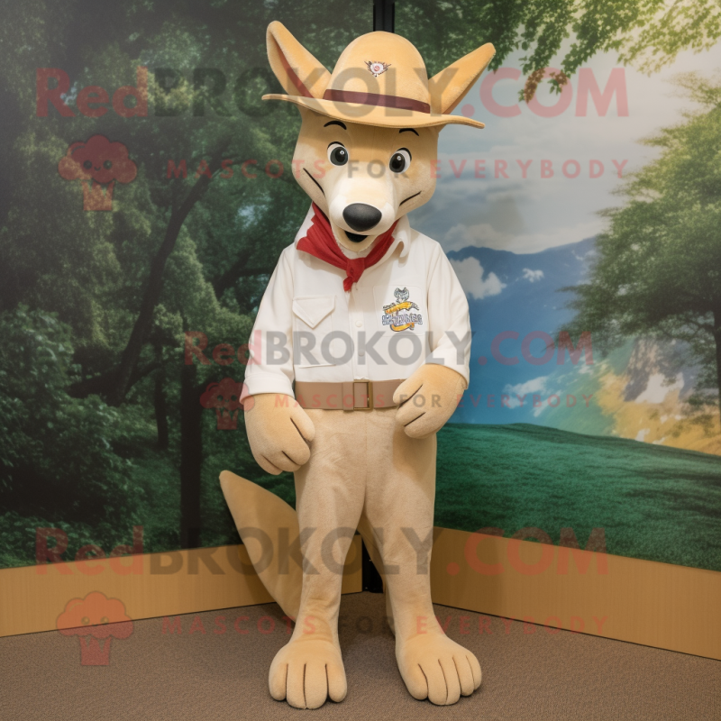 Beige Dingo mascot costume character dressed with a Culottes and Hat pins