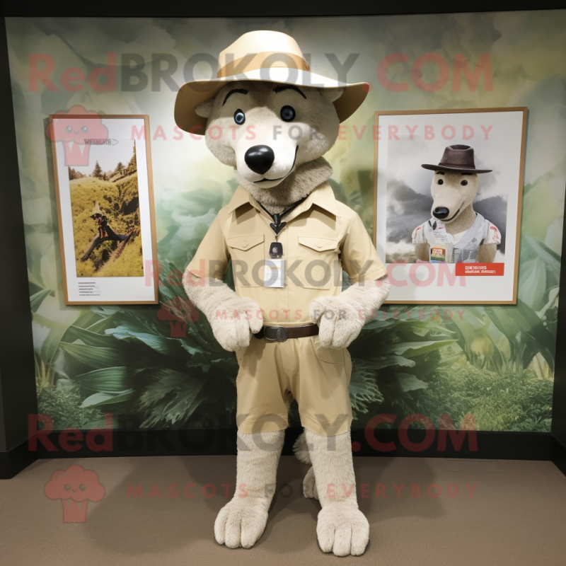 Beige Dingo mascot costume character dressed with a Culottes and Hat pins