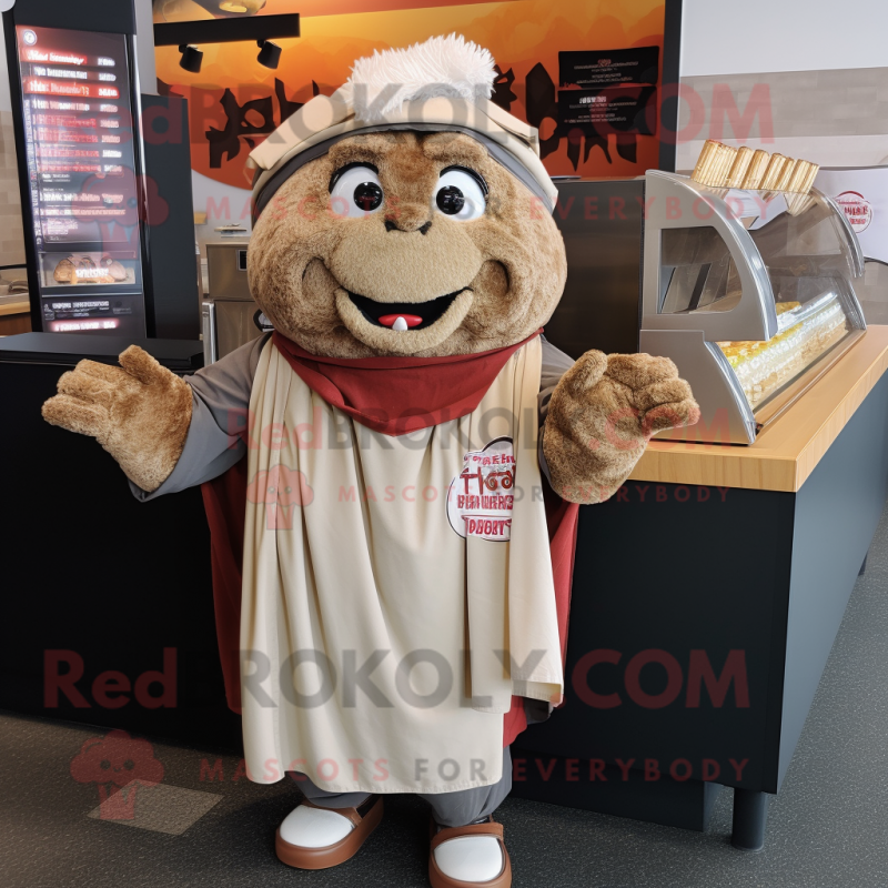 Tan Pulled Pork Sandwich mascot costume character dressed with a Hoodie and Shawls Tan Pulled Pork Sandwich mascot costume character dressed with a Hoodie and Shawls