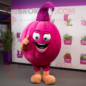 Magenta Onion mascot costume character dressed with a Bootcut Jeans and Hair clips