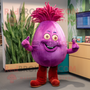 Magenta Onion mascot costume character dressed with a Bootcut Jeans and Hair clips