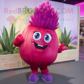 Magenta Onion mascot costume character dressed with a Bootcut Jeans and Hair clips
