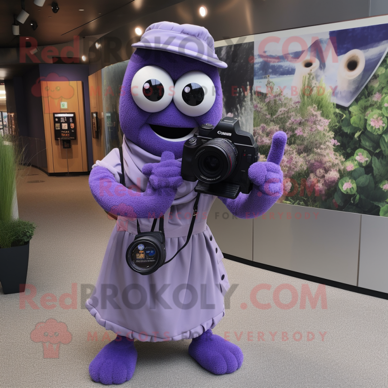 Lavender Camera mascot costume character dressed with a Cover-up and Gloves