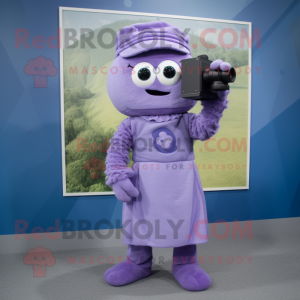 Lavender Camera mascot costume character dressed with a Cover-up and Gloves