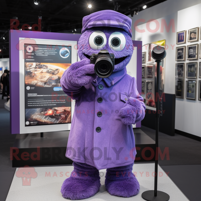 Lavender Camera mascot costume character dressed with a Cover-up and Gloves Lavender Camera mascot costume character dressed with a Cover-up and Gloves