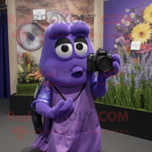 Lavender Camera mascot costume character dressed with a Cover-up and Gloves
