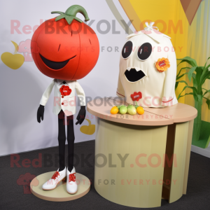 Cream Tomato mascot costume character dressed with a Pencil Skirt and Lapel pins