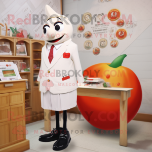 Cream Tomato mascot costume character dressed with a Pencil Skirt and Lapel pins