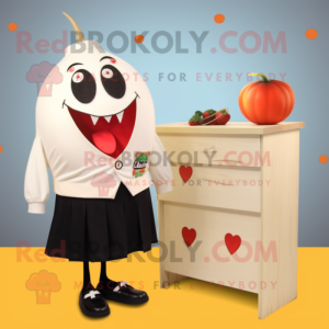 Cream Tomato mascot costume character dressed with a Pencil Skirt and Lapel pins