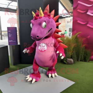 Magenta Stegosaurus mascot costume character dressed with a Running Shorts and Lapel pins