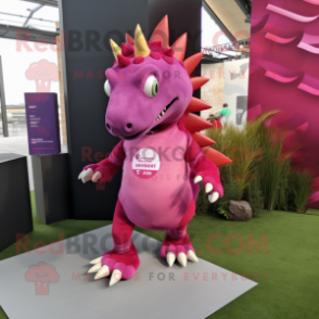 Magenta Stegosaurus mascot costume character dressed with a Running Shorts and Lapel pins