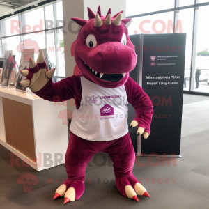 Magenta Stegosaurus mascot costume character dressed with a Running Shorts and Lapel pins