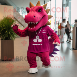 Magenta Stegosaurus mascot costume character dressed with a Running Shorts and Lapel pins