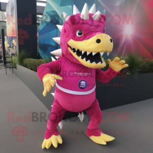 Magenta Stegosaurus mascot costume character dressed with a Running Shorts and Lapel pins