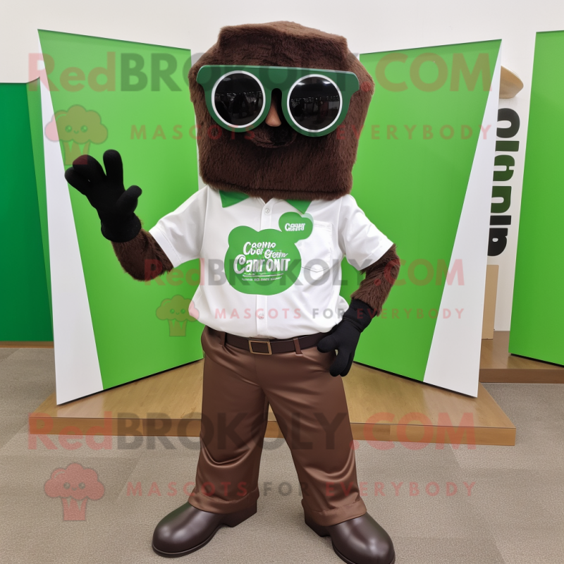 Forest Green Chocolate Bar mascot costume character dressed with a Poplin Shirt and Sunglasses Forest Green Chocolate Bar mascot costume character dressed with a Poplin Shirt and Sunglasses