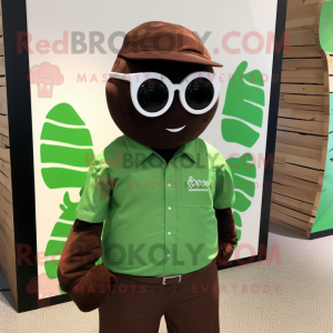 Forest Green Chocolate Bar mascot costume character dressed with a Poplin Shirt and Sunglasses