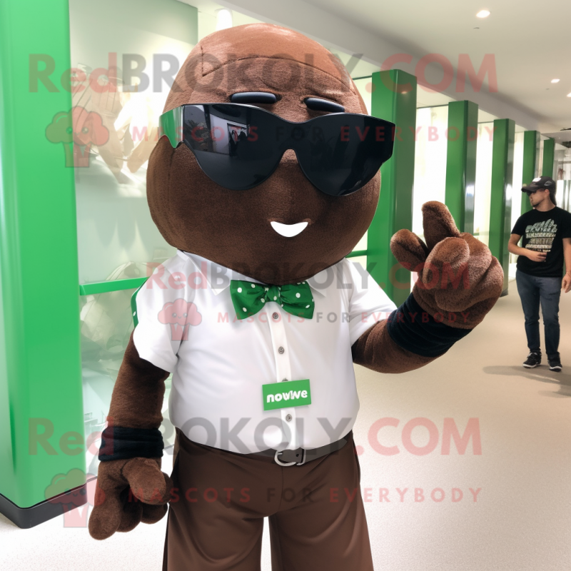 Forest Green Chocolate Bar mascot costume character dressed with a Poplin Shirt and Sunglasses