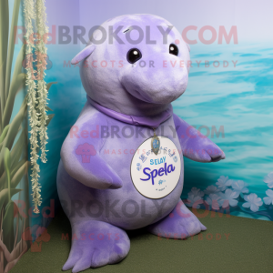 Lavender Stellar'S Sea Cow mascot costume character dressed with a Polo Shirt and Necklaces