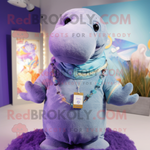 Lavender Stellar'S Sea Cow mascot costume character dressed with a Polo Shirt and Necklaces