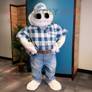 White Manta Ray mascot costume character dressed with a Flannel Shirt and Belts