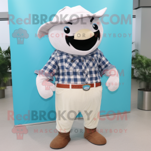White Manta Ray mascot costume character dressed with a Flannel Shirt and Belts