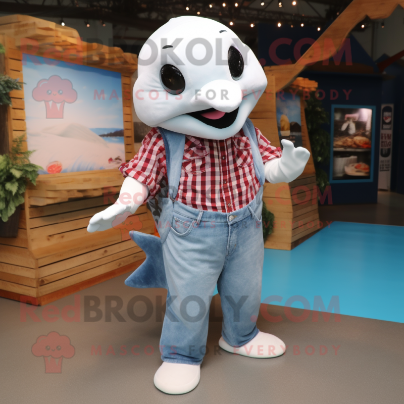 White Manta Ray mascot costume character dressed with a Flannel Shirt and Belts White Manta Ray mascot costume character dressed with a Flannel Shirt and Belts