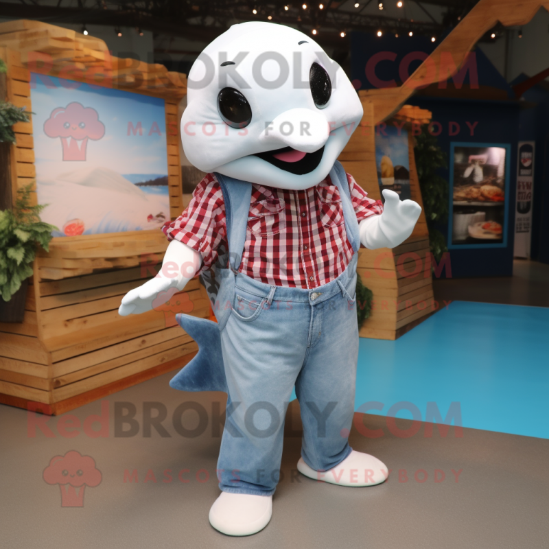 White Manta Ray mascot costume character dressed with a Flannel Shirt and Belts