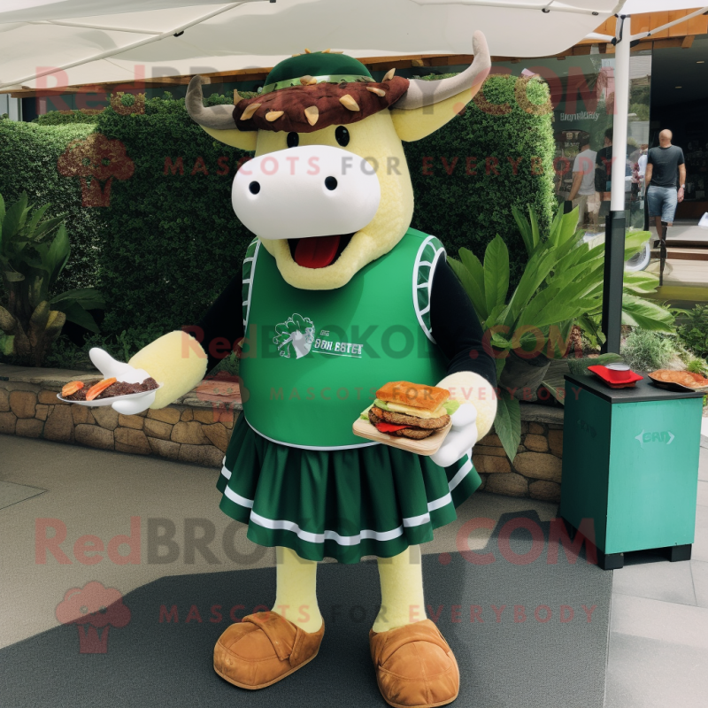 Forest Green Steak mascot costume character dressed with a Board Shorts and Keychains Forest Green Steak mascot costume character dressed with a Board Shorts and Keychains
