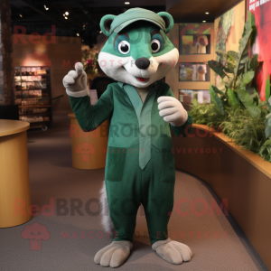 Forest Green Weasel mascot costume character dressed with a Dress Shirt and Mittens