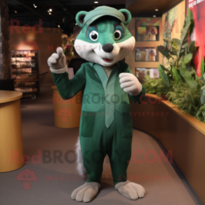 Forest Green Weasel mascot costume character dressed with a Dress Shirt and Mittens