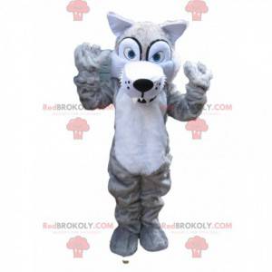 Mascote de lobo cinzento assustador com dentes grandes -