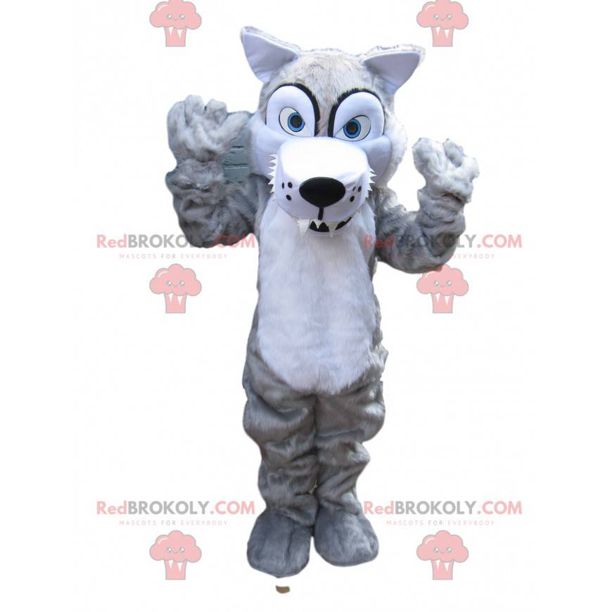 Scary gray wolf mascot with big teeth - Redbrokoly.com