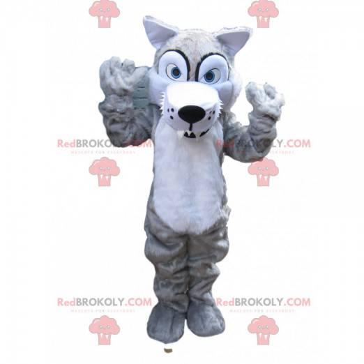 Mascote de lobo cinzento assustador com dentes grandes -