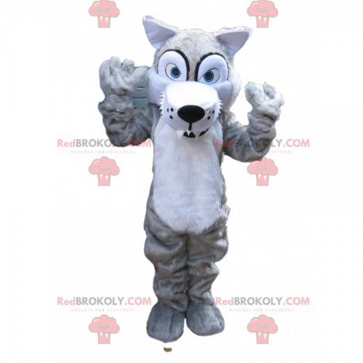 Maskot strašidelného šedého vlka s velkými zuby - Redbrokoly.com