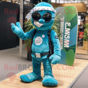Cyan Commando mascot costume character dressed with a Board Shorts and Headbands