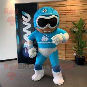 Cyan Commando mascot costume character dressed with a Board Shorts and Headbands