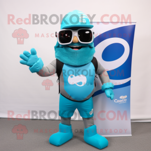 Cyan Commando mascot costume character dressed with a Board Shorts and Headbands