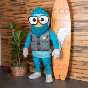 Cyan Commando mascot costume character dressed with a Board Shorts and Headbands