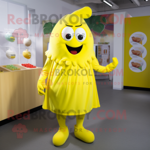 Lemon Yellow Goulash mascot costume character dressed with a Playsuit and Shoe laces