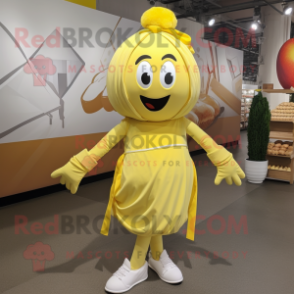 Lemon Yellow Goulash mascot costume character dressed with a Playsuit and Shoe laces